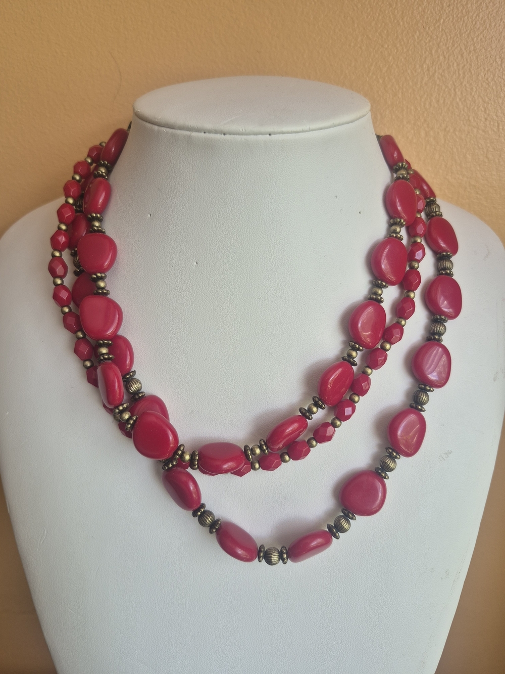 Triple-Strand Hot Pink Beaded Necklace with Antiqued Gold Accents